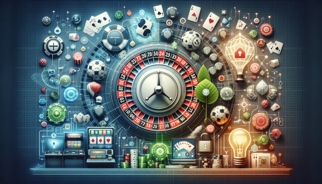 An image combining elements of online casinos, like a digital roulette wheel and slot machines, with symbols of safety and smart decision-making, such as a shield and a light bulb.

