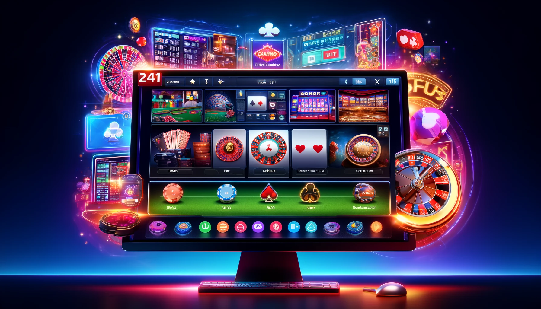 A vibrant and detailed illustration of an online casino interface on a widescreen monitor, featuring various casino games like poker, blackjack, roulette, and slots.