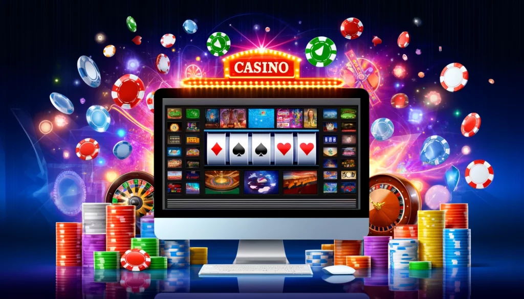 A vibrant online casino interface on a widescreen monitor, surrounded by digital icons of various casino games like poker, blackjack, roulette, and slot machines, with neon lights, chips, and playing cards in the background.