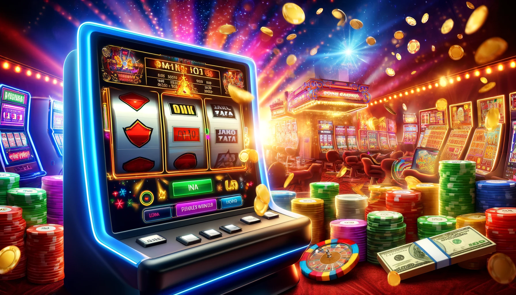 Vibrant online casino scene with winning slot machine, cash, poker chips, and roulette wheel.