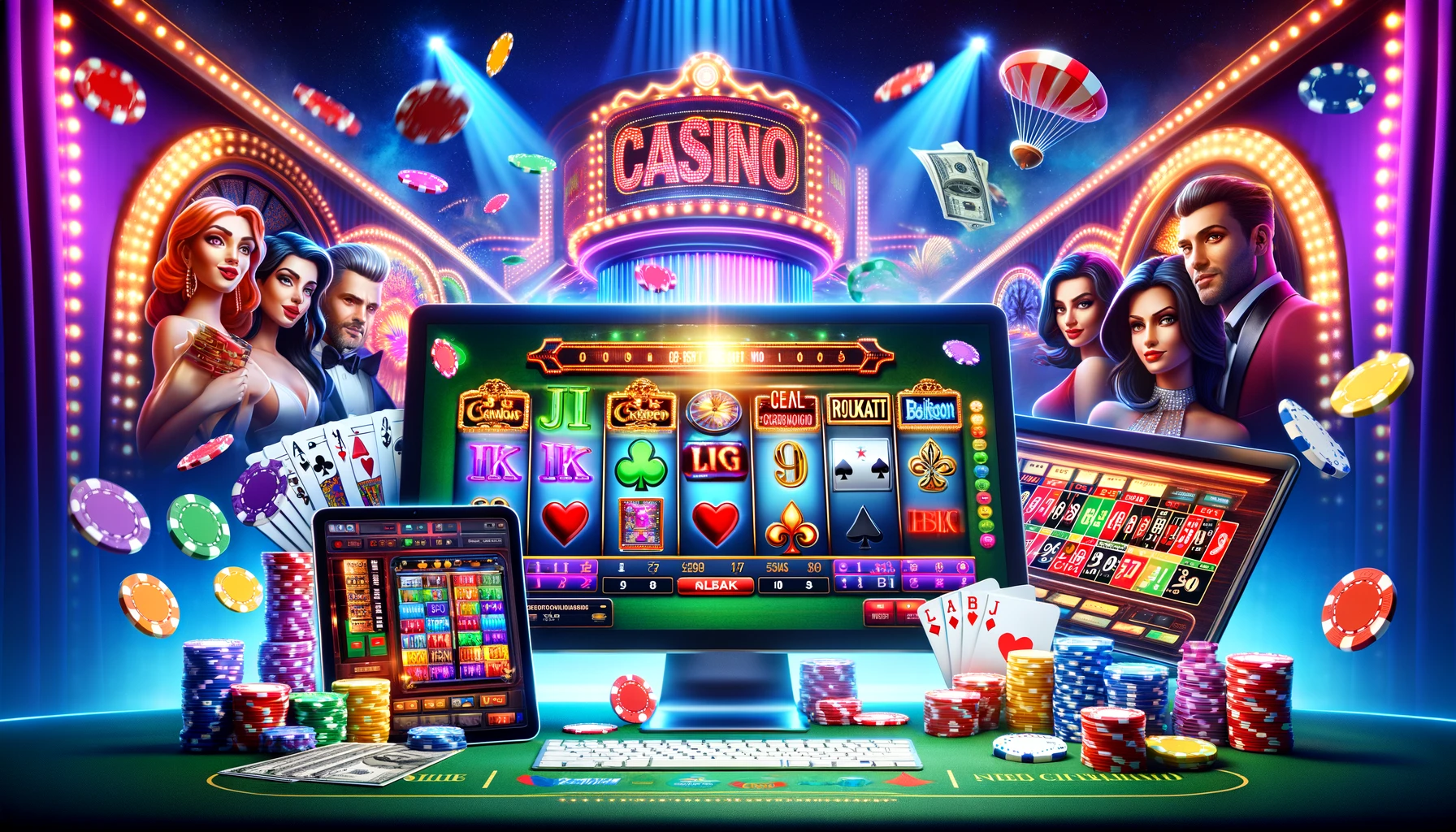 A lively online casino scene with various games like slots, poker, blackjack, roulette, and baccarat displayed on a computer and mobile screen, with colorful lights, casino chips, and money symbols in the background.