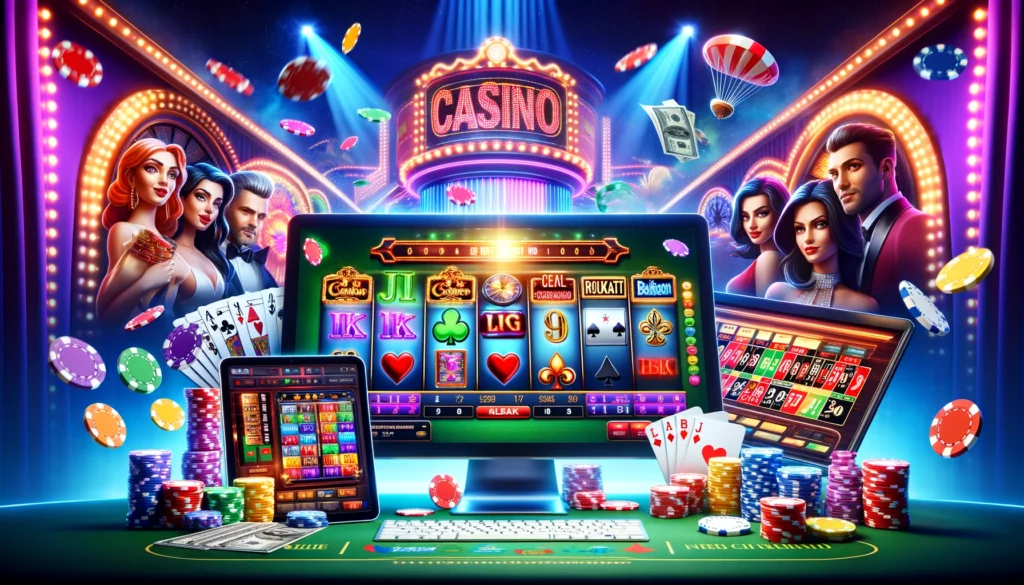 A lively online casino scene with various games like slots, poker, blackjack, roulette, and baccarat displayed on a computer and mobile screen, with colorful lights, casino chips, and money symbols in the background.